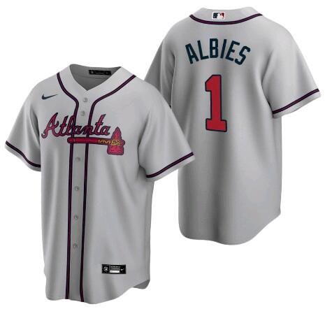 Men's Atlanta Braves #1 Ozzie Albies Grey Cool Base Stitched Jersey Men's Atlanta Braves #1 Ozzie Albies Grey Cool Base Stitched Jersey